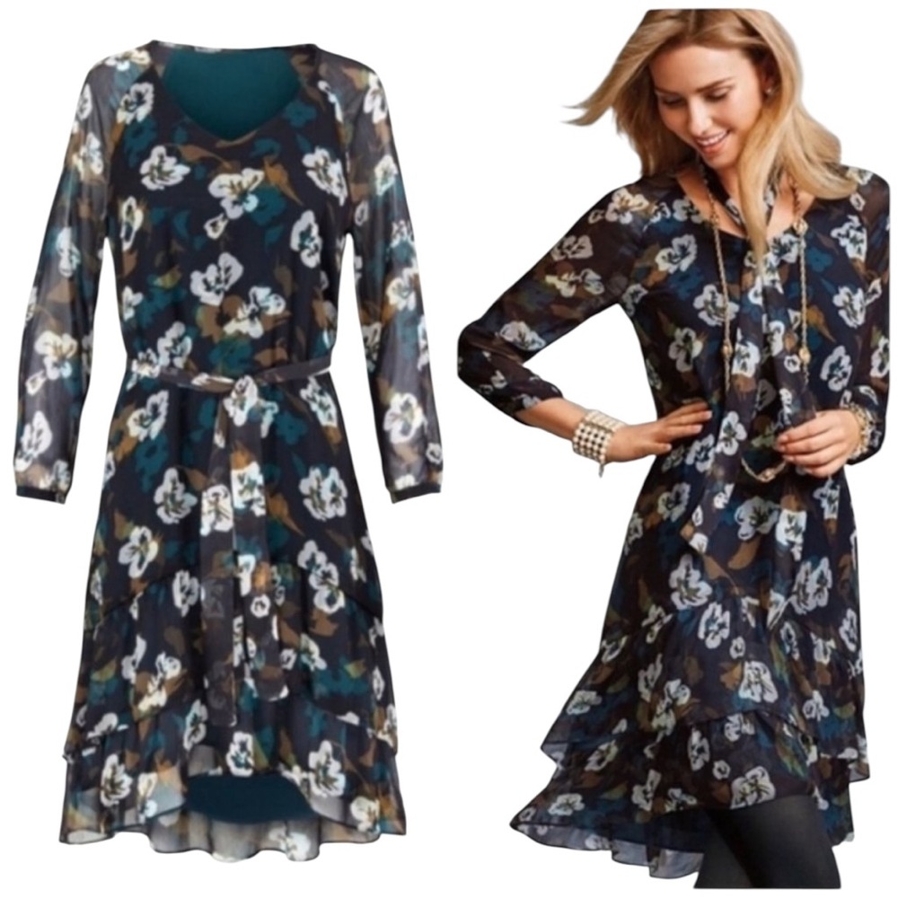CABI | Women Pirouette Floral Print Tiered Chiffon Midi Knee Length Dress size S